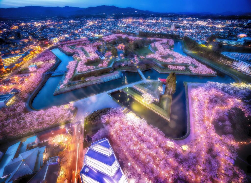 Goryokaku, the star-shaped fort in Hakodate, seen from above at night with its cherry trees lit along the moat